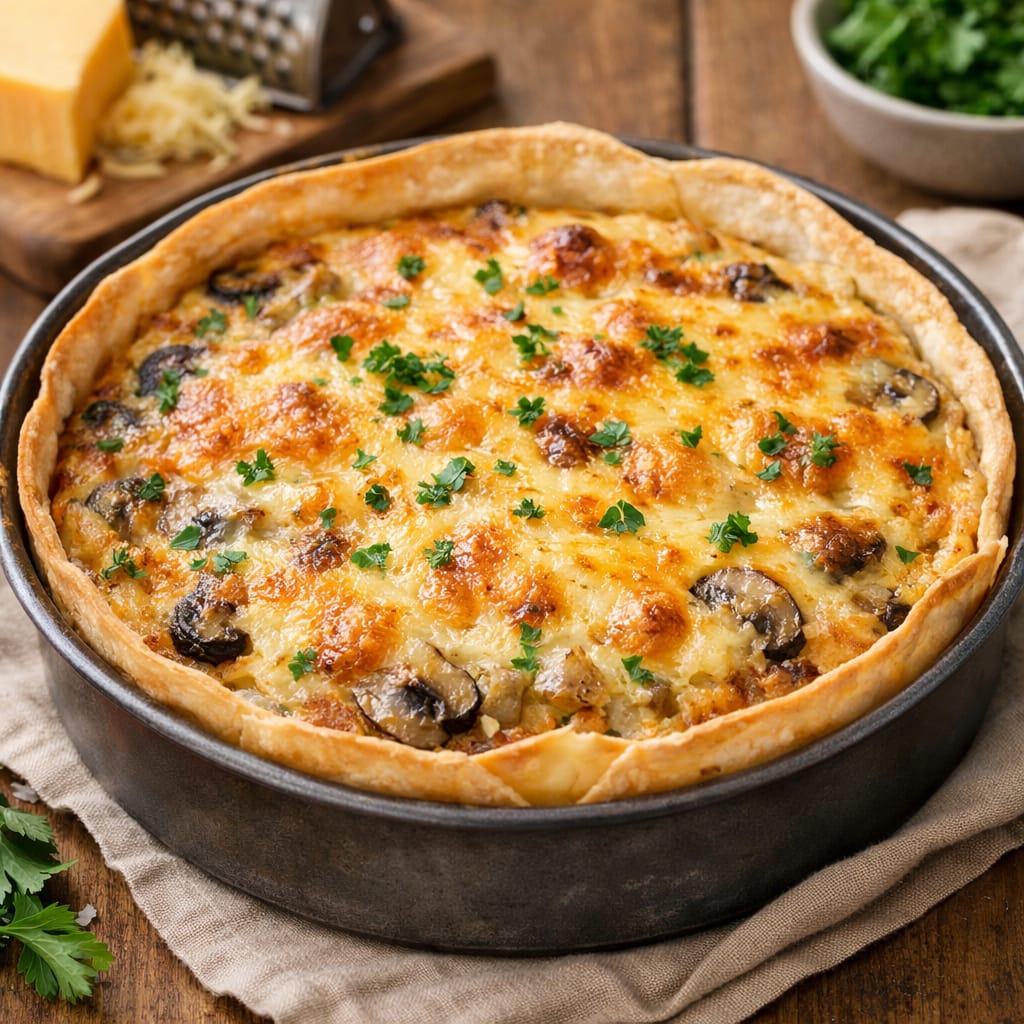 Mary Berry cheese and onion quiche with golden mature cheddar topping and creamy egg custard filling