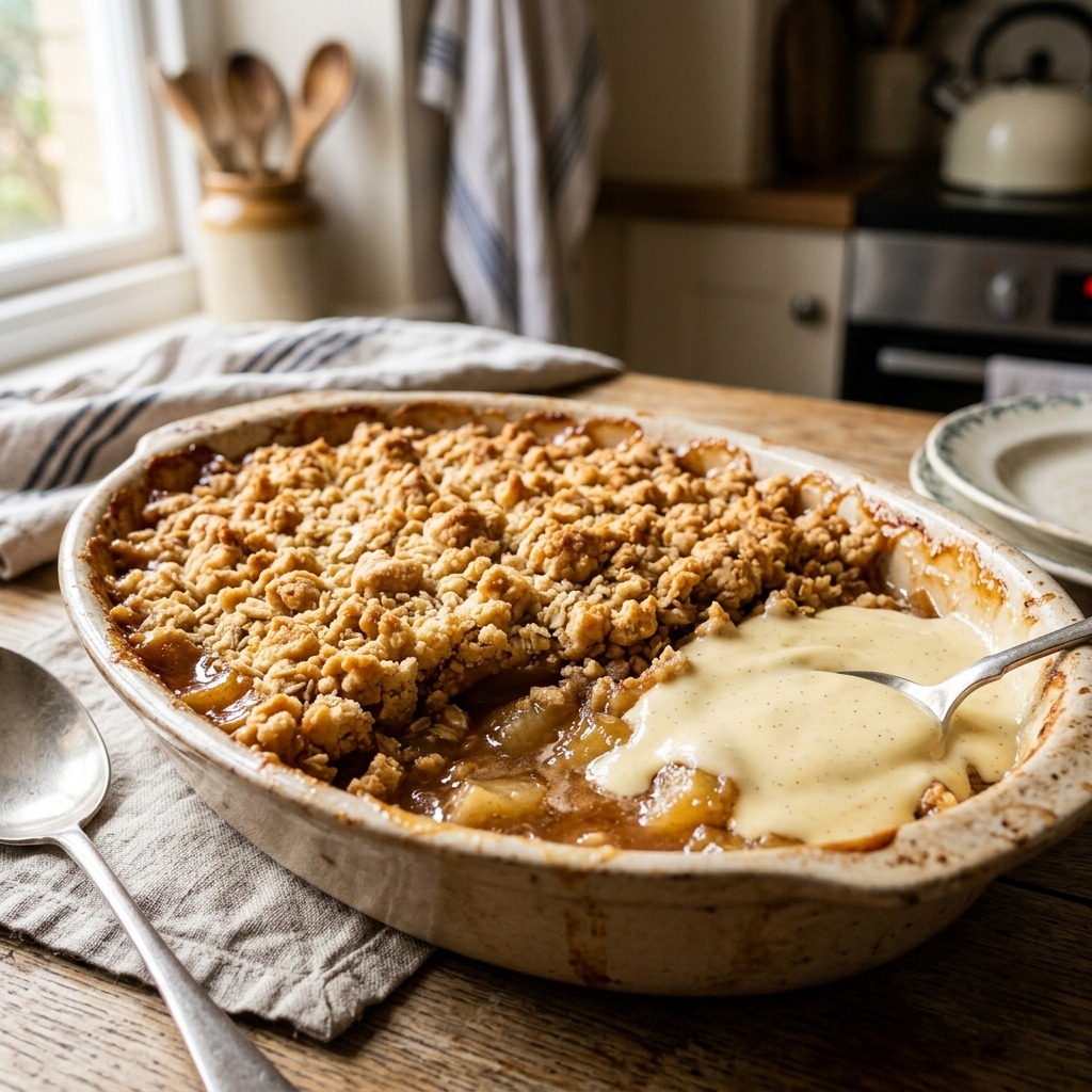 Mary Berry apple crumble — soft Bramley apples beneath a buttery, golden crumble topping served warm