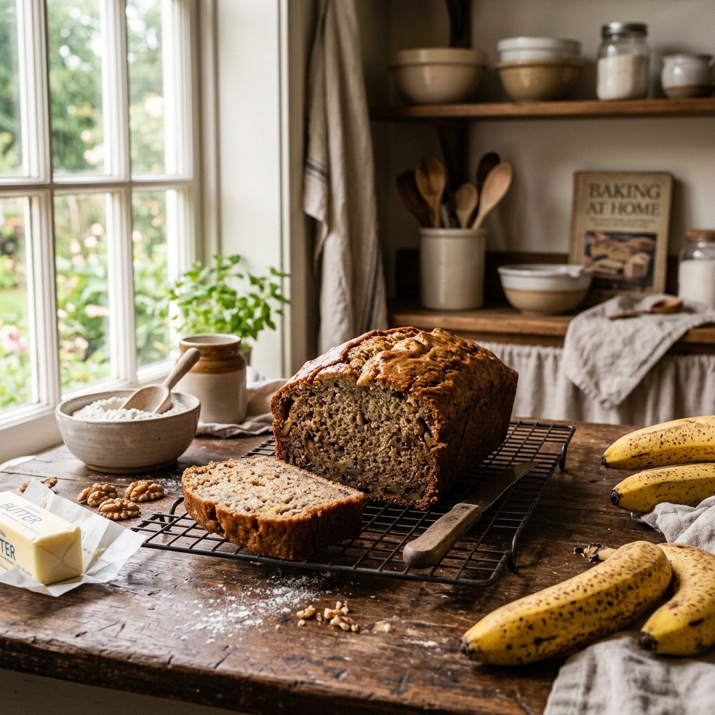 Mary Berry's banana loaf — moist, tender crumb with sweet caramel-banana flavor and a natural crack along the golden top
