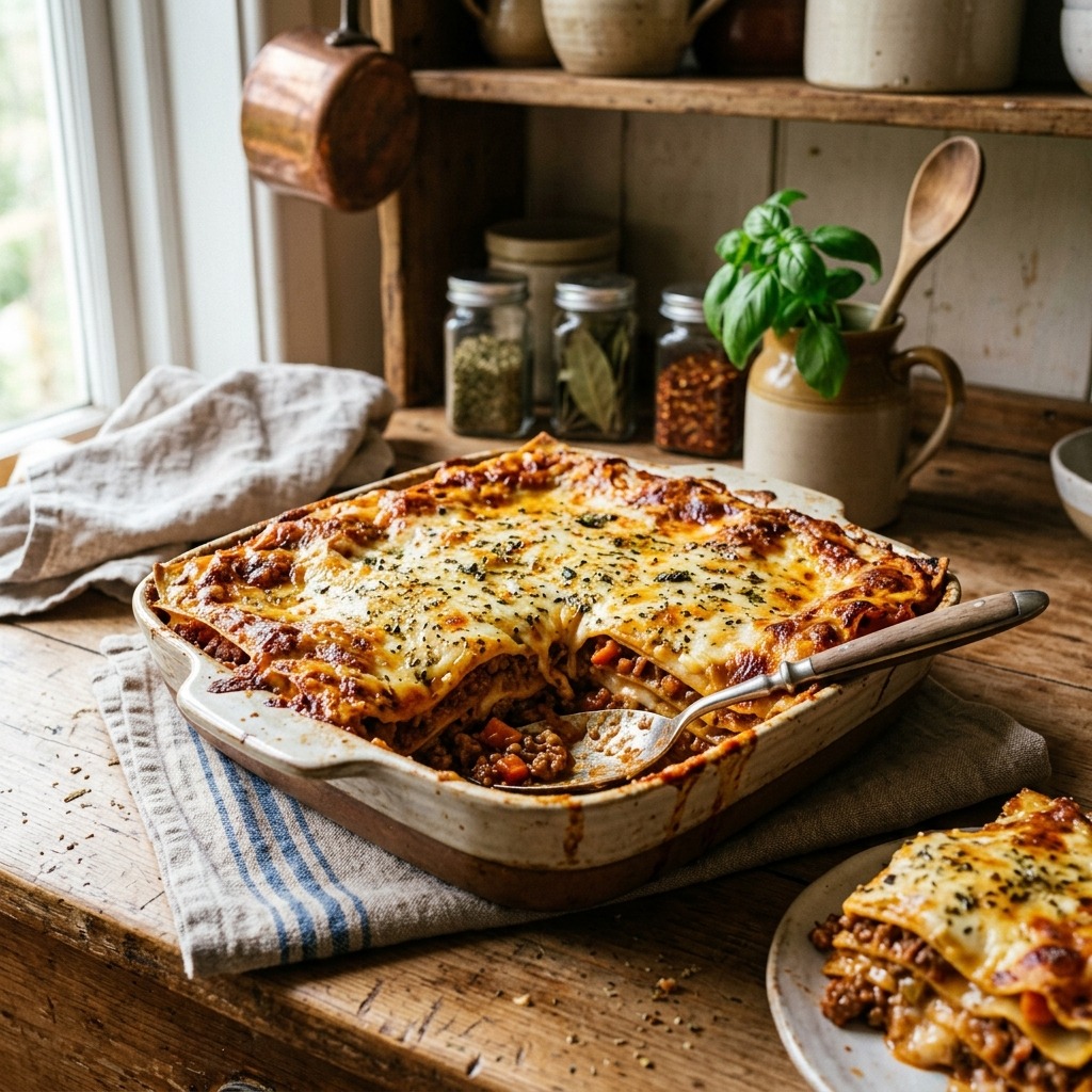 Mary Berry's lasagne — layers of rich beef ragù, silky béchamel, and tender pasta sheets baked until golden and bubbling