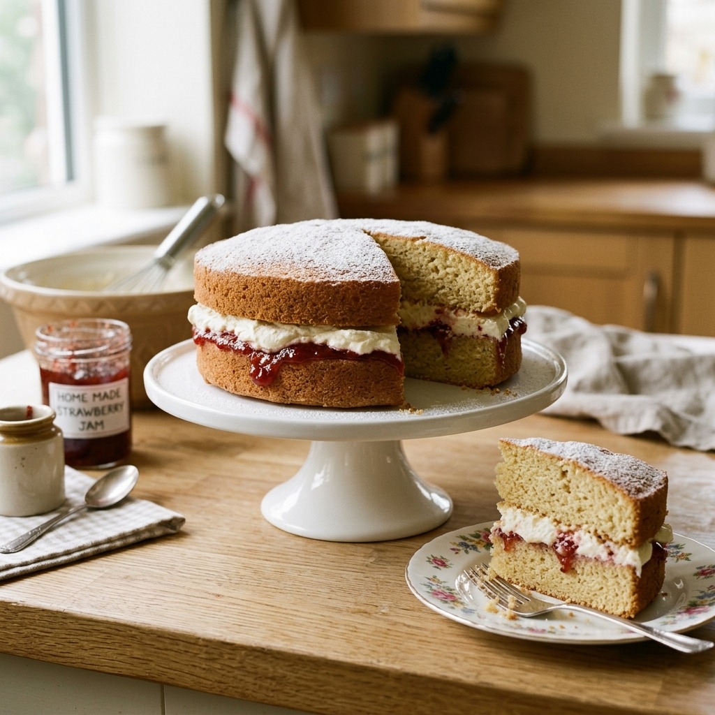 Mary Berry's Victoria sponge — light golden British cake filled with raspberry jam and whipped cream, dusted with sugar