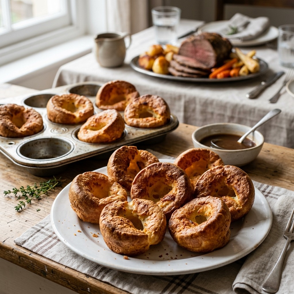 Mary Berry Yorkshire pudding recipe — tall, crispy golden puddings fresh from the oven