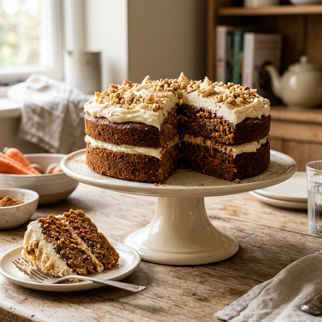 Mary Berry carrot cake with cream cheese frosting, walnut decoration, and warm cinnamon-spiced sponge