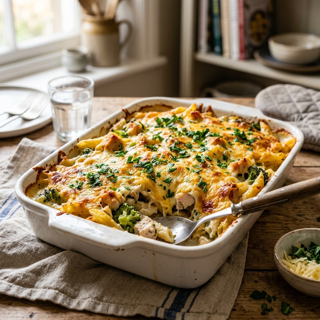Mary Berry chicken pasta bake with penne, creamy Dijon b\u00e9chamel, paprika chicken and Parmesan crust