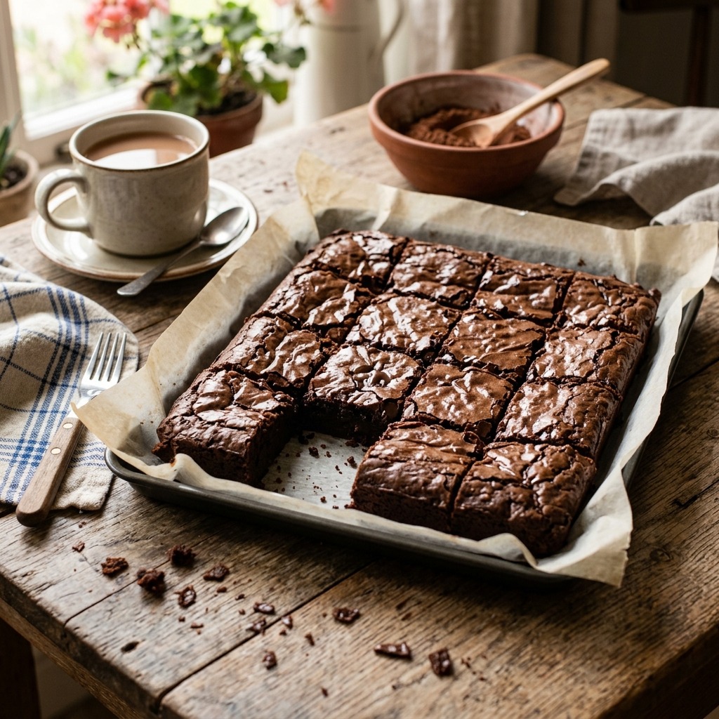 Mary Berry chocolate brownies with a shiny crackly top and fudgy centre, cut into squares