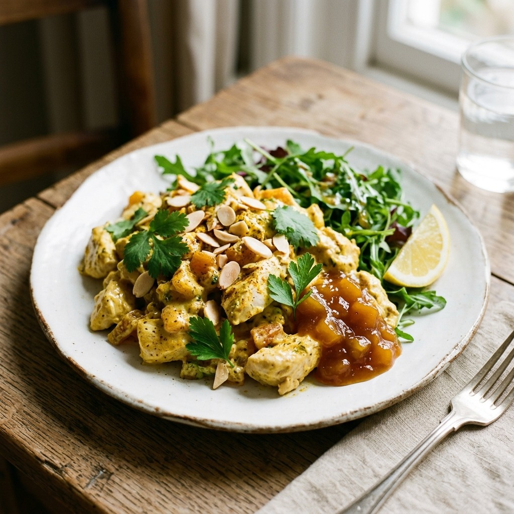 Mary Berry Coronation Chicken with creamy curry mayonnaise sauce, dried apricots and toasted almonds
