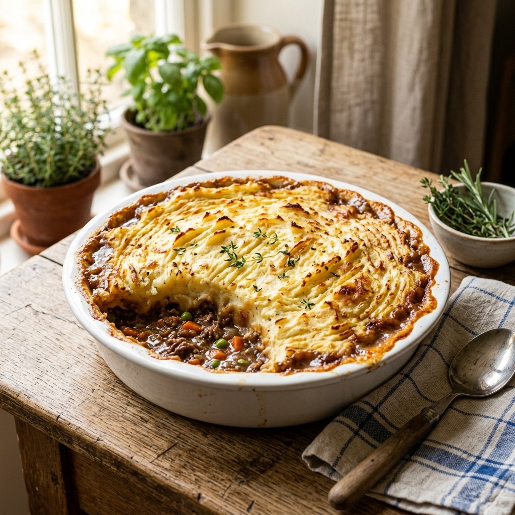 Mary Berry cottage pie with dauphinoise potato topping over slow-simmered Worcestershire beef mince
