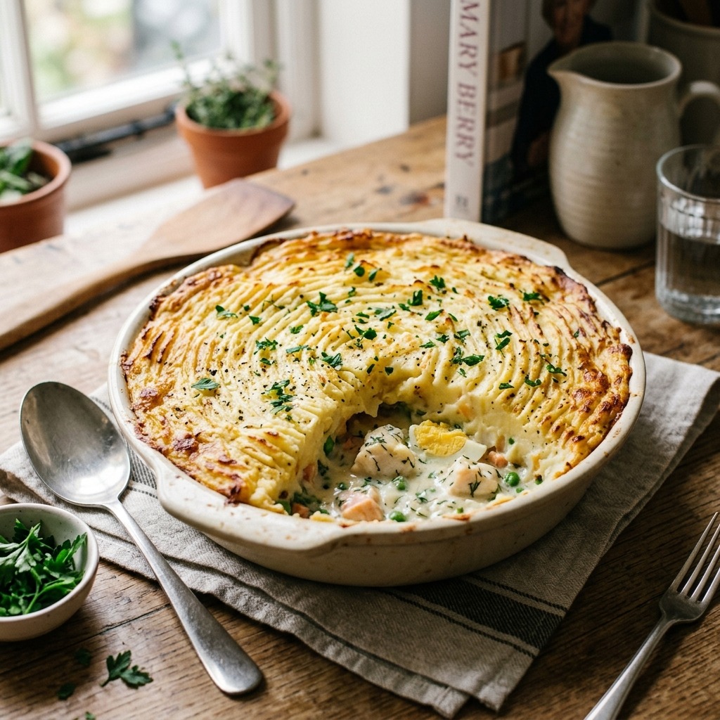 Mary Berry fish pie with golden mashed potato topping over creamy white sauce, haddock, and eggs