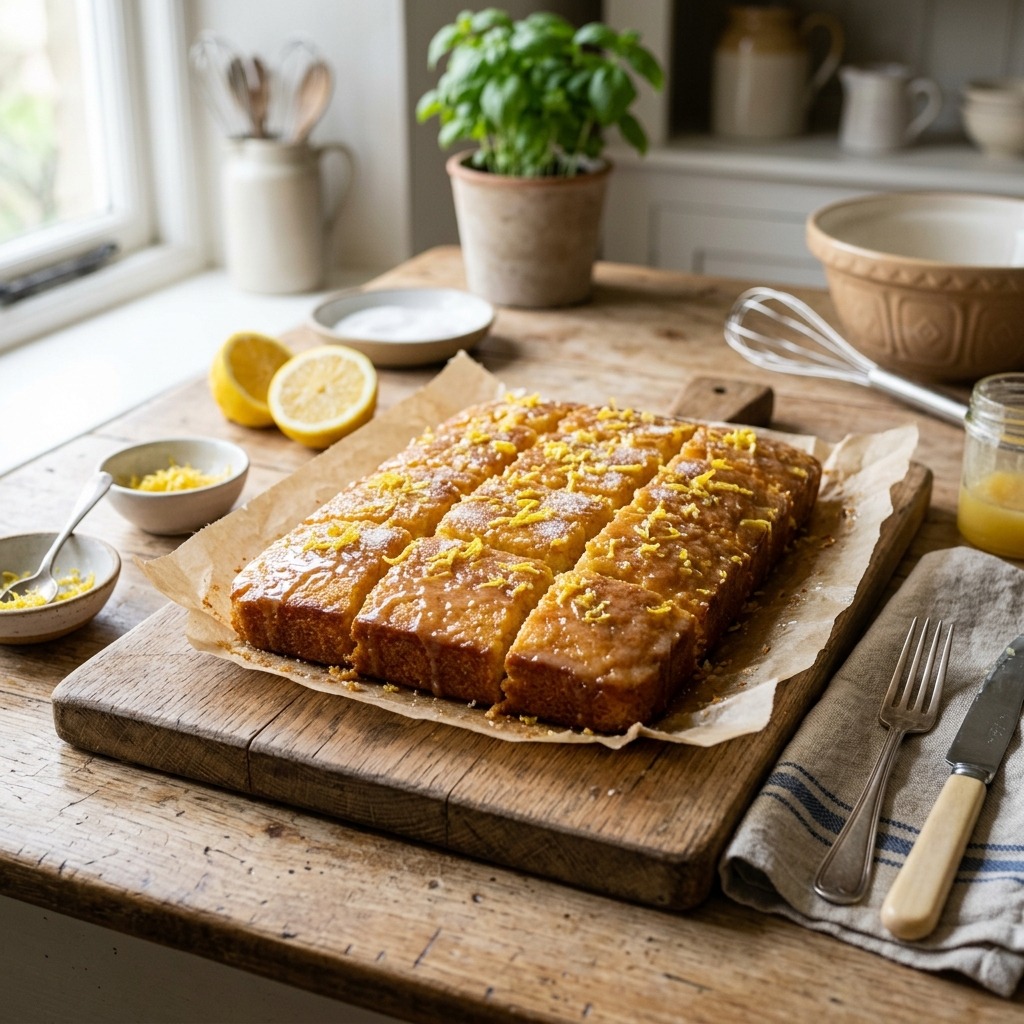 Mary Berry lemon drizzle traybake with crunchy granulated sugar glaze on a shallow golden sponge