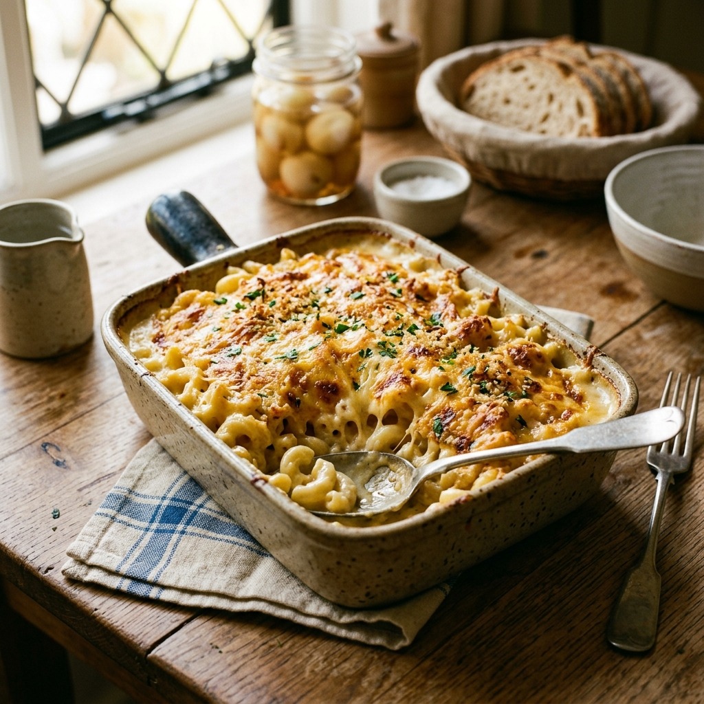 Mary Berry macaroni cheese with golden cheddar top, creamy Parmesan Dijon sauce, and tender macaroni
