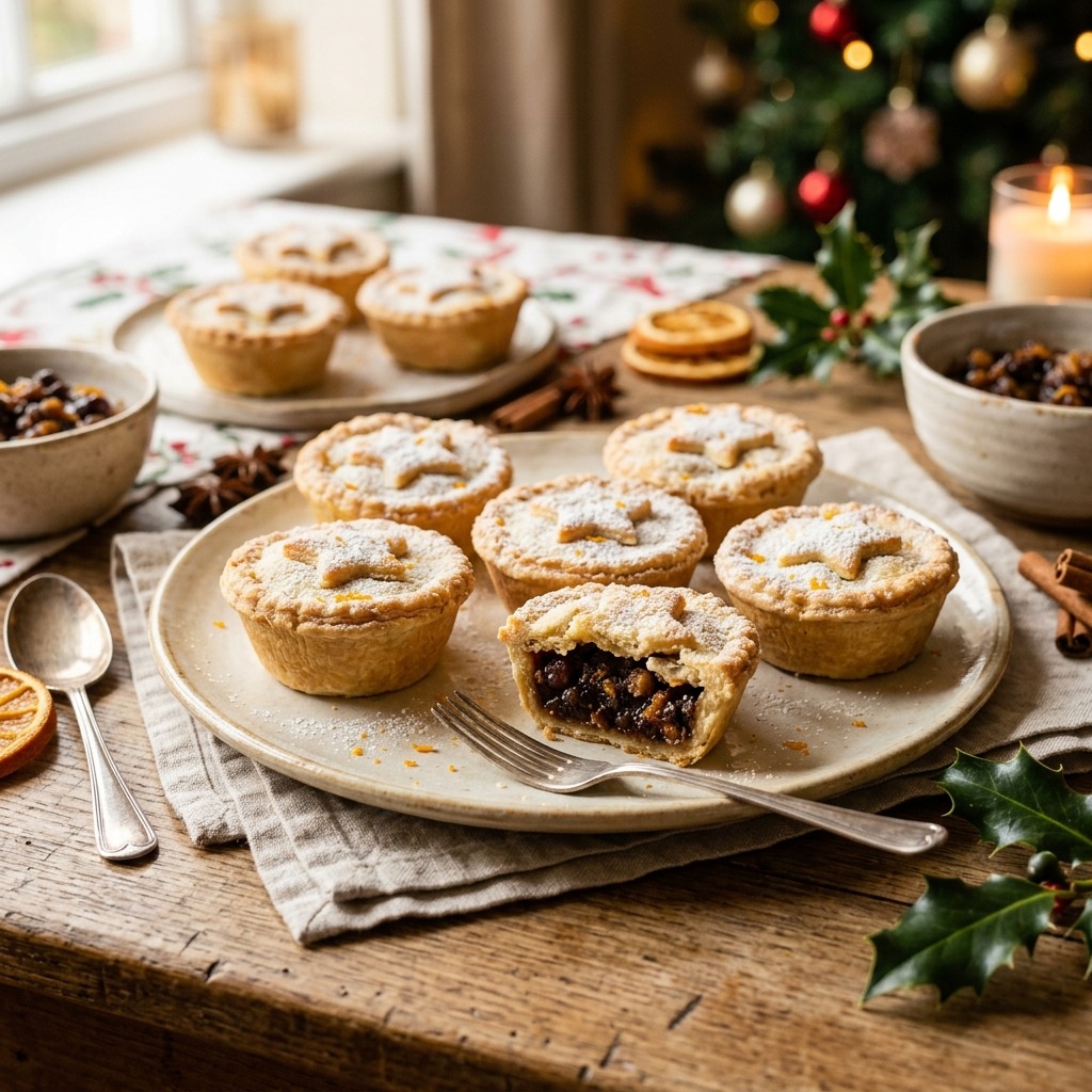 Mary Berry mince pies with buttery orange pastry and grated marzipan topping, dusted with icing sugar