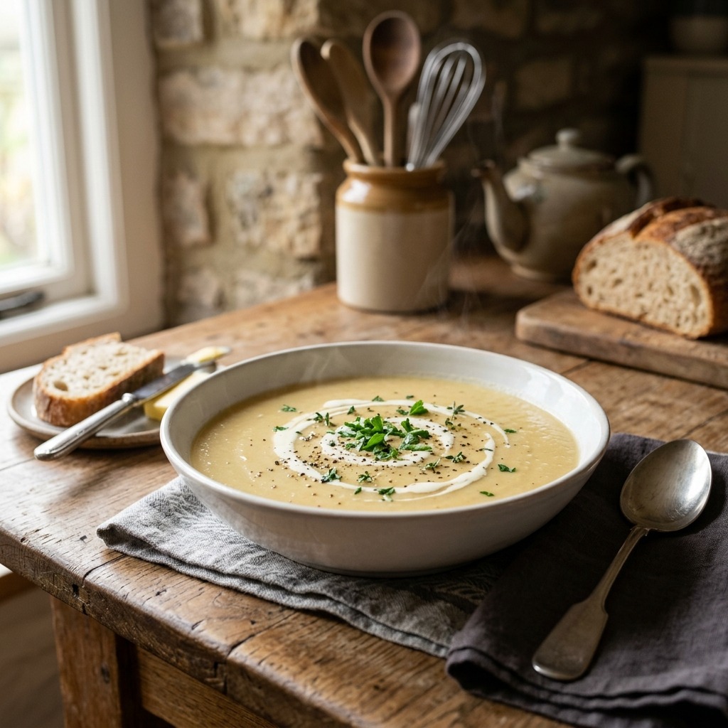 Mary Berry parsnip soup, silky smooth with a mild curry warmth, cream swirl and fresh chives