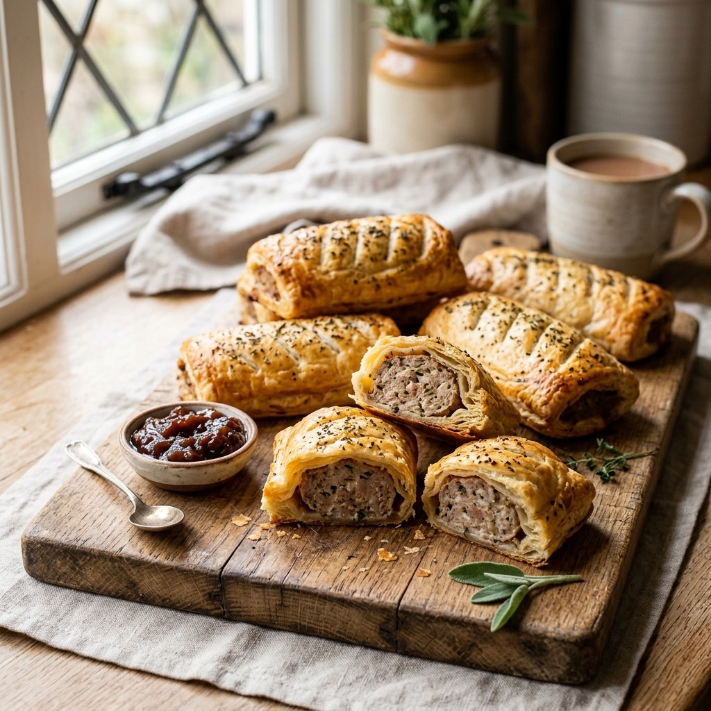 Mary Berry sausage rolls with golden all-butter puff pastry, egg-washed and sprinkled with seeds
