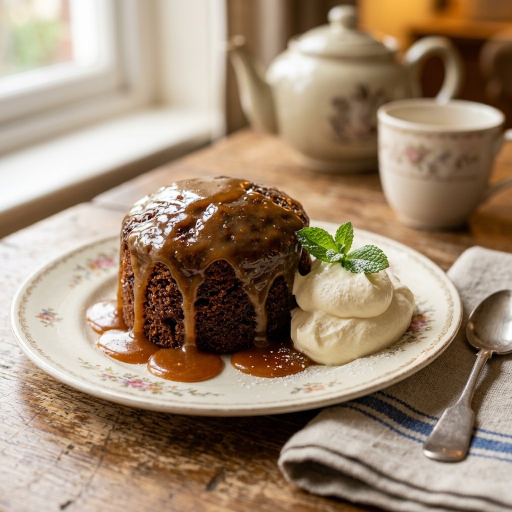 Mary Berry sticky toffee pudding — dark moist sponge drenched in glossy warm toffee sauce