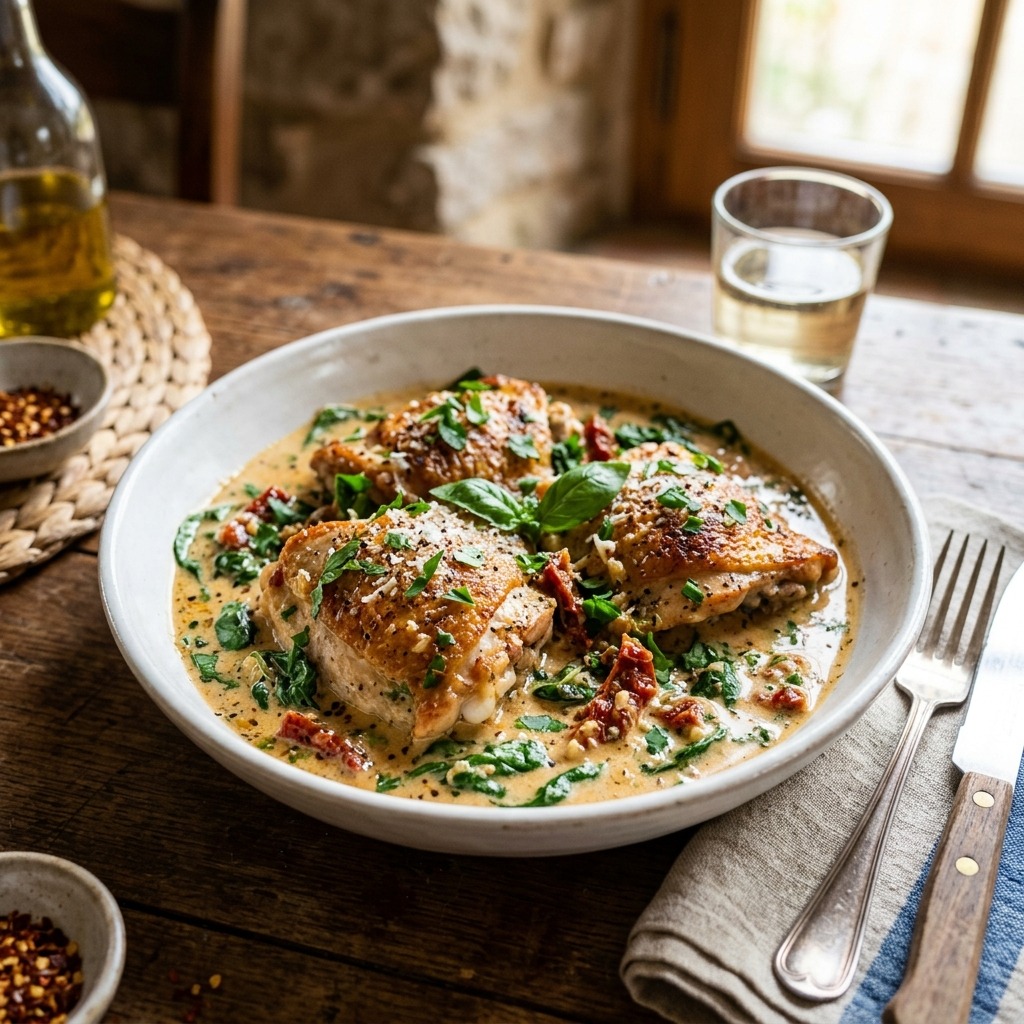 Mary Berry's creamy Tuscan chicken with paprika chicken thighs, sun-blushed tomatoes, spinach and Parmesan cream sauce